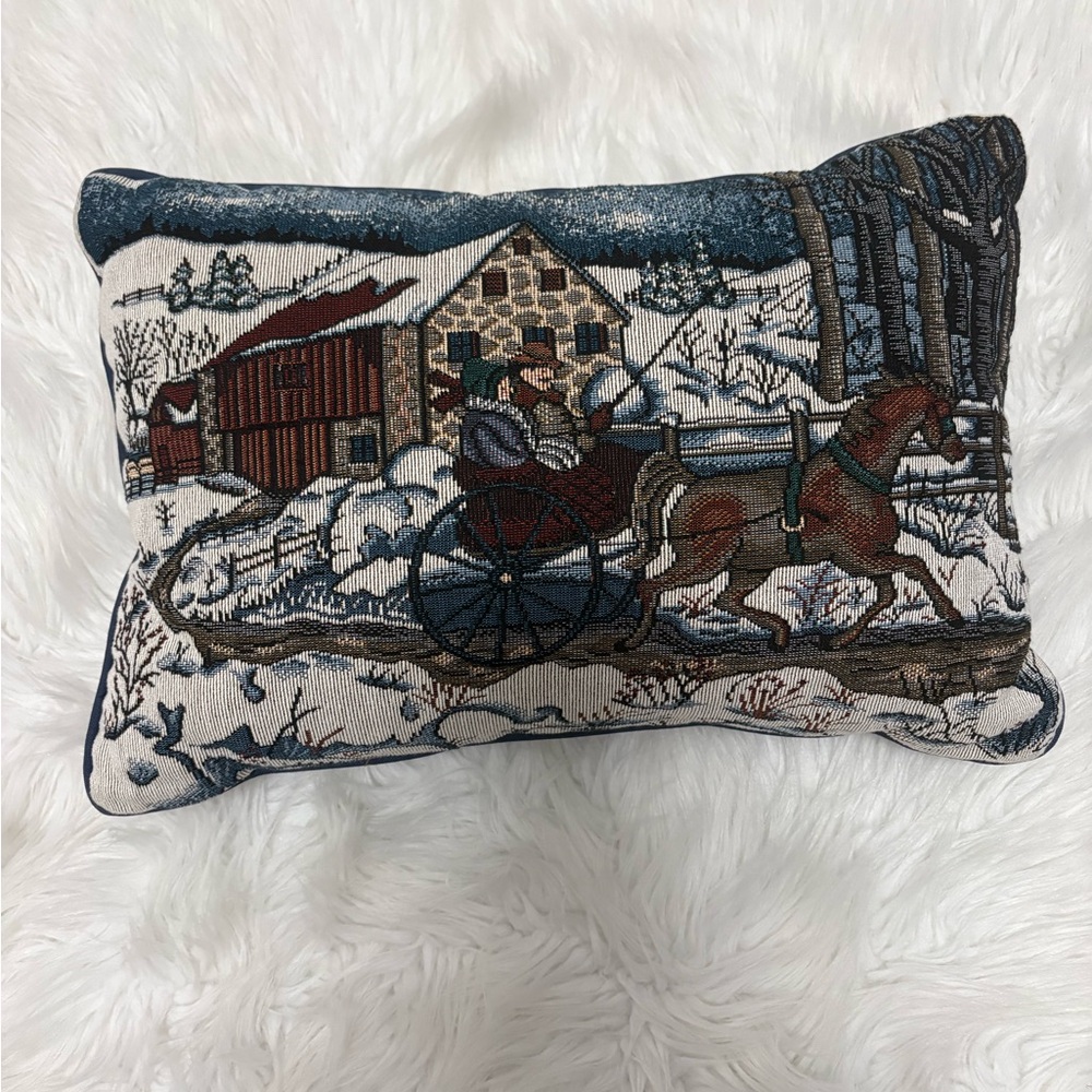 Vintage Tapestry Winter Sleigh Holiday Multicolor Blue Cottagecore Throw Pillow